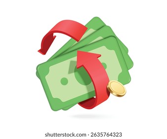 Red arrows and gold coin swirl around dollar bills or money for cash back promotion design, vector 3d minimal style illustration isolated for promotion the more you buy, the more cash back you get
