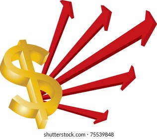 red arrows gold dollars sign on a white background