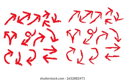Red Arrows Hand Drawn Icon Set – Sketch Style Directional Arrow Collection on White Background