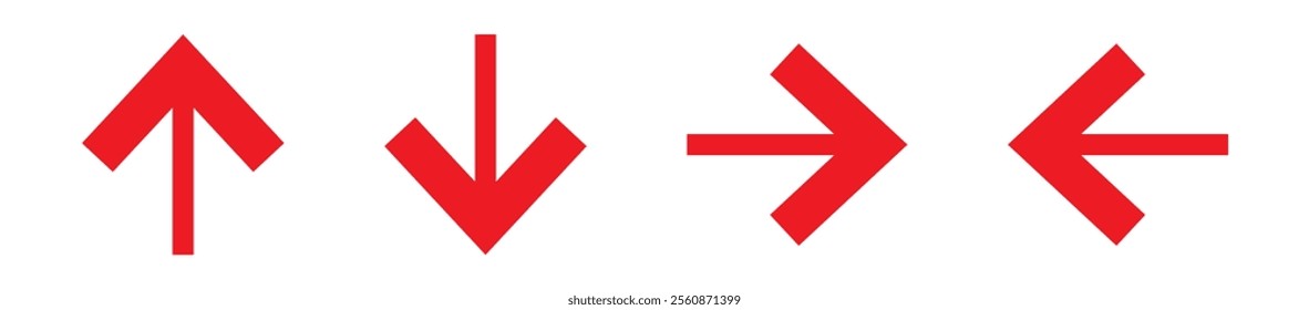 Red arrows icon set isolated on transparent background. Various packaging symbols. Motion pointers. Flat style logos. Information pointers. Wayfinding directions. Modern simple vector arrows