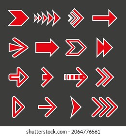 Iconos de flechas rojas establecidos en fondo gris. Ilustración del vector