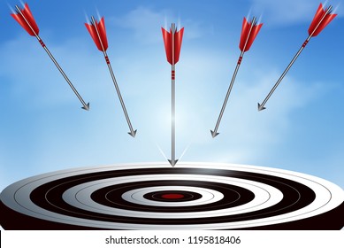 Red arrows many darts fling down from the sky go to center target. business success goal. creative idea. leadership. illustration vector