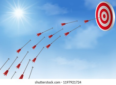 Red arrows many darts fling up to sky go to center target. business success goal. creative idea. illustration vector