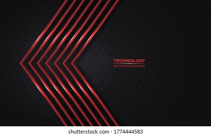 Red arrows on a dark hexagonal abstract grid background. Luxury overlap direction design. Modern futuristic red metallic arrows and dark gray honeycomb backdrop. Vector illustration EPS10.