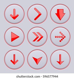 Red arrows on gray buttons. 3d icons set. Vector illustration