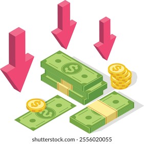 Red arrows pointing downward at dollar banknotes and coins illustrate decreasing value, highlighting themes of devaluation, financial crisis, and economic downturn