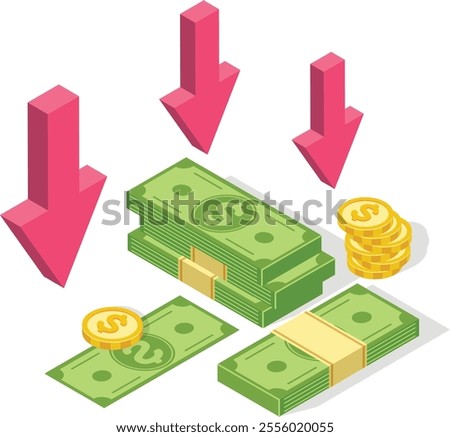 Red arrows pointing downward at dollar banknotes and coins illustrate decreasing value, highlighting themes of devaluation, financial crisis, and economic downturn