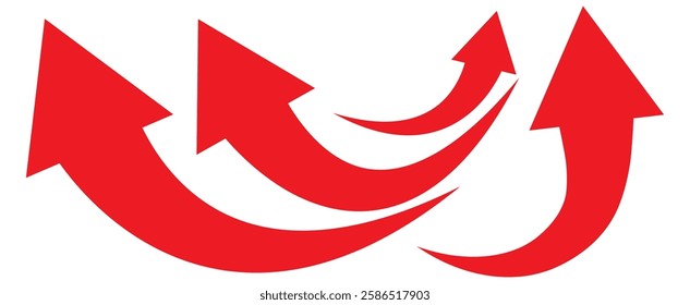 Red arrows set. Curve arrow icon vector set. set of Red long curve arrow for app and ui design. long up arrow icon vector. Red curve arrow set .