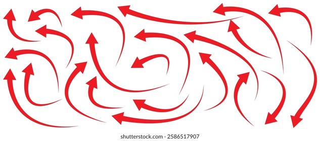 Red arrows set. Curve arrow icon vector set. set of Red long curve arrow for app and ui design. long up arrow icon vector. Red curve arrow set .