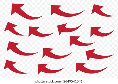 Red arrows set. Curved arrows. Arrow sign. Flat style icons. set of Red curve arrow icon vectors. long arrow icon vector illustration on Transparent Background. EPS 10.