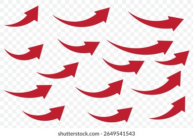 Red arrows set. Curved arrows. Arrow sign. Flat style icons. set of Red curve arrow icon vectors. long arrow icon vector illustration on Transparent Background. EPS 10.