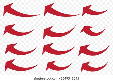 Red arrows set. Curved arrows. Arrow sign. Flat style icons. set of Red curve arrow icon vectors. long arrow icon vector illustration on Transparent Background. EPS 10.