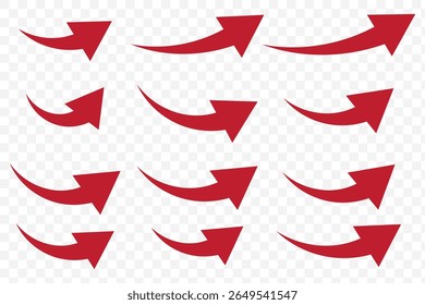 Red arrows set. Curved arrows. Arrow sign. Flat style icons. set of Red curve arrow icon vectors. long arrow icon vector illustration on Transparent Background. EPS 10.