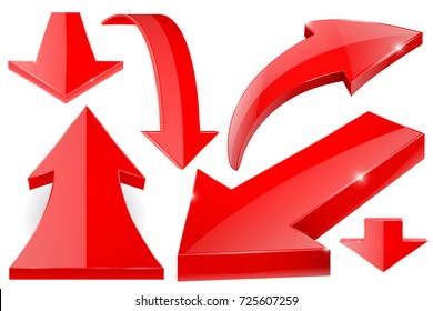 Red arrows. Set of red shiny signs. 3d vector illustration isolated on white background