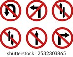 Red Arrows Showing Road Traffic. Prohibitory Road Signs. Vector Icons. No U-Turn, No Left and Right Turns, One-Way Traffic, and No Entry