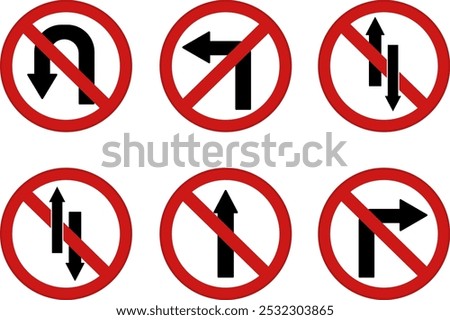 Red Arrows Showing Road Traffic. Prohibitory Road Signs. Vector Icons. No U-Turn, No Left and Right Turns, One-Way Traffic, and No Entry