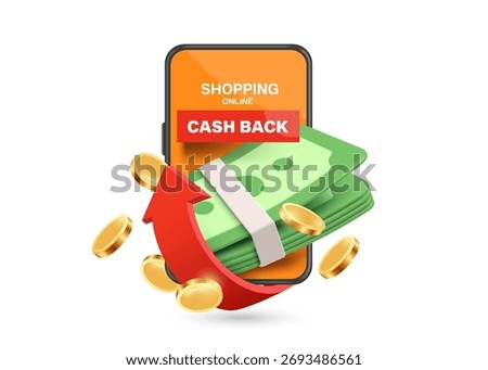 Red arrows swirl around dollar bills placed on a smartphone screen and gold coins floating in mid-air around them for Cash back promotion design, vector 3d illustration isolated on white background