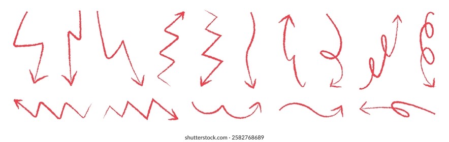 Red arrows in various zigzag, curved, and wavy patterns. Arrows point in different directions. Red arrows are drawn in diverse styles and shapes. Doodle element vector set.