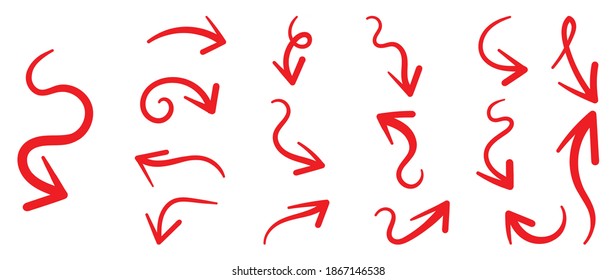 Vector de flechas rojas.  Marcador de Doodle dibuja flechas a mano y forma ilustración vectorial. 