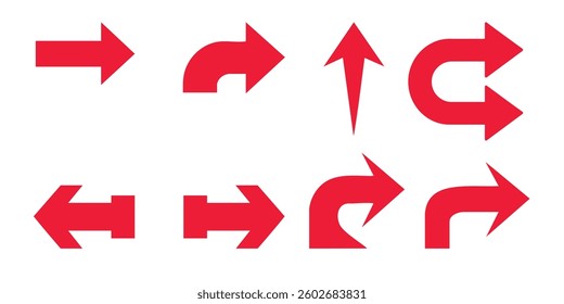 Red arrows vector illustration set direction arrow sign pointing up down left right curve way path guide graphic