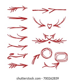 Red arrows and vignettes made by hand in vector. Easy to use for your design. Isolated on the background.