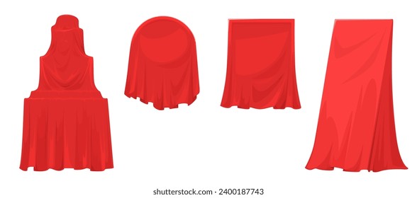 Red art cloth cover vector illustration. Fabric curtain to hide object under for surprise isolated set. Silk drapery, satin blanket for exhibition, display, fashionable presentation