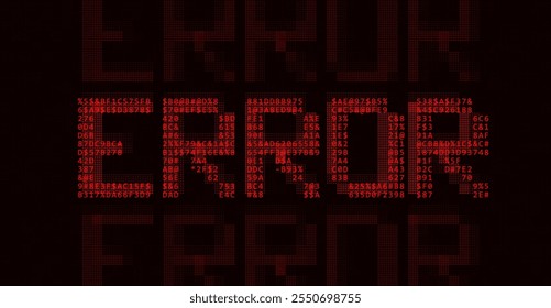 Red ASCII Art ERROR Word Made from Random Letters and Numbers (Palavra de erro de arte ASCII vermelha feita a partir de letras e números aleatórios). Erro de código binário escuro. Conceito de vazamento de dados digitais protegidos. Malware do Banco de Dados de Ataques de Hacker. Histórico do vetor de segurança cibernética.