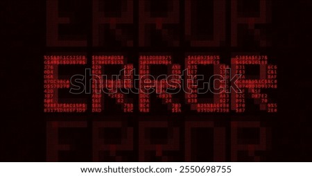 Red ASCII Art ERROR Word Made from Random Letters and Numbers. Dark Binary Code Error. Concept of Protected Digital Data Leak. Hacker Attack Database Malware. Cyber Security Vector Background.