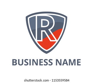 red and ash grey color simple triangle shield logo graphic design with modern clean style for protection or security company with initial type letter r on it