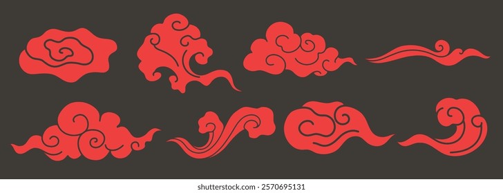 Red Asian cloud motifs on a dark background. Swirling cloud designs, traditional Asian art. Decorative cloud patterns, elegant and intricate. Chinese weather elements, vector set.