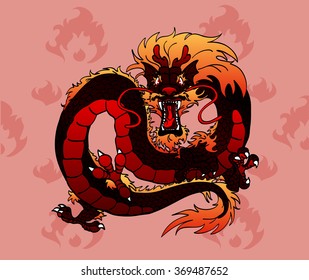 Red Asian dragon against tongues of flame