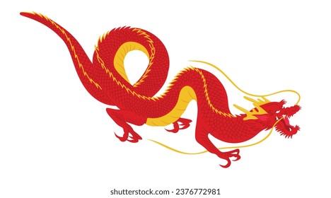 Red Asian dragon, long body with scales. Lunar New Year. Isolated vector illustration in flat design