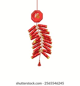 Red Asian firecrackers with happiness character realistic vector illustration. Chinese explosive holiday attribute 3d object on white. Inscription on the badge is “Luck”