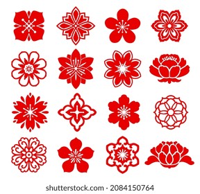 Red Asian floral Chinese, Japanese and Korean flowers, vector icons. China cherry blossom or Japan sakura ornaments, oriental paper art or holiday papercut graphic. Chinese, Japanese decor