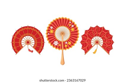 Red Asian Hand Fans, Adorned With Vibrant Golden Designs, Tassels, Delicate Materials, Rounded Shapes And Flower Pattern