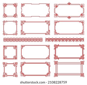 Rote asiatische Knotenrahmen und -rahmen. koreanisches, chinesisches und japanisches Knotenvektor-Verzierung. Chinesische Rot-Muster-Ornamente und asiatische orientalische Eckrahmen oder geometrische Grenzen