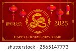 Red asian lanterns and snake silhouette on Chinese New Year greeting card with lucky knot pattern vector background. Chinese lunar year calendar symbol of paper cut zodiac snake with floral ornament