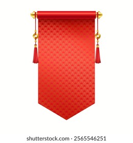 Red Asian pennant scroll with mockup design realistic vector illustration. Traditional Chinese New Year good luck symbol 3d object on white