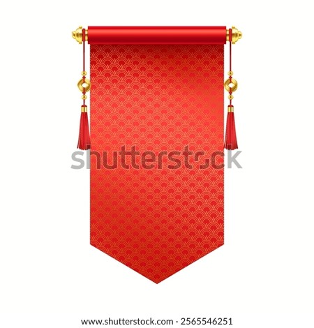 Red Asian pennant scroll with mockup design realistic vector illustration. Traditional Chinese New Year good luck symbol 3d object on white