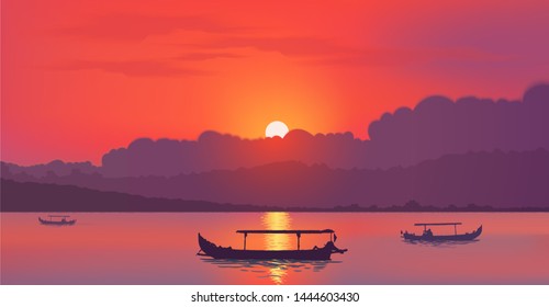 Red Asian sunset with silhouette fisherman boats in water. Realistic vector illustration horizontal banner background.