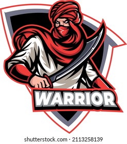 Red asian warrior with a sword in his hand. 3D illustration.