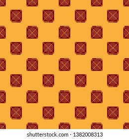 Red ASIC Miner icon isolated seamless pattern on brown background. Cryptocurrency mining equipment and hardware. Application specific integrated circuit. Flat design. Vector Illustration