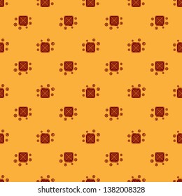 Red ASIC Miner icon isolated seamless pattern on brown background. Cryptocurrency mining equipment and hardware. Application specific integrated circuit. Flat design. Vector Illustration