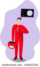 Red Astronaut Is An Impostor, He Has Won The Game And Then Took Off His Helmet. A Window With A View Of The Moon And Stars Behind Him. Flat Vector Illustration. This Character Is Inspired By The Game.