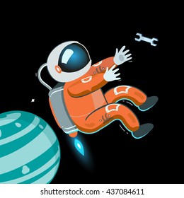The red astronaut in space suit. the pioneer. adventures in space. people in weightlessness.
