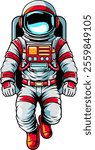 Red Astronaut in Vector Cartoon Illustration Design for sticker, badge, patch, banner, greeting card, invitation