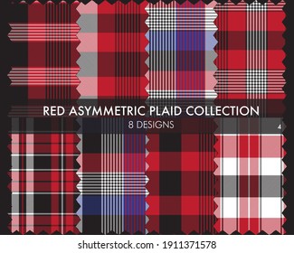 Red Asymmetric Plaid seamless pattern collection includes 8 designs for fashion textiles and graphics