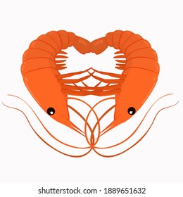 red Atlantic shrimp laid out in the shape of a heart. Illustration of me for Valentine's day and the concept of love for seafood
