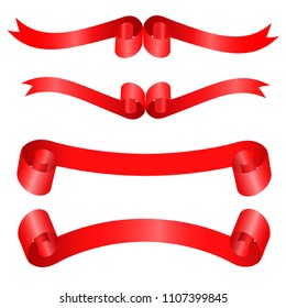 Red atlas ribbons isolated on a white background are used as decoration elements of banners. leaflets, brochures. Vector illustration.