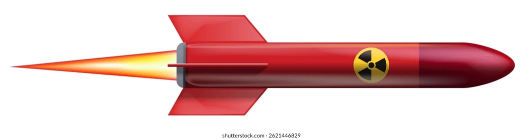 Bomba atómica roja y cohete de arma aislado en un fondo blanco. Arma nuclear roja con fuego de la boquilla y el ícono de radiación, Ilustración vectorial.